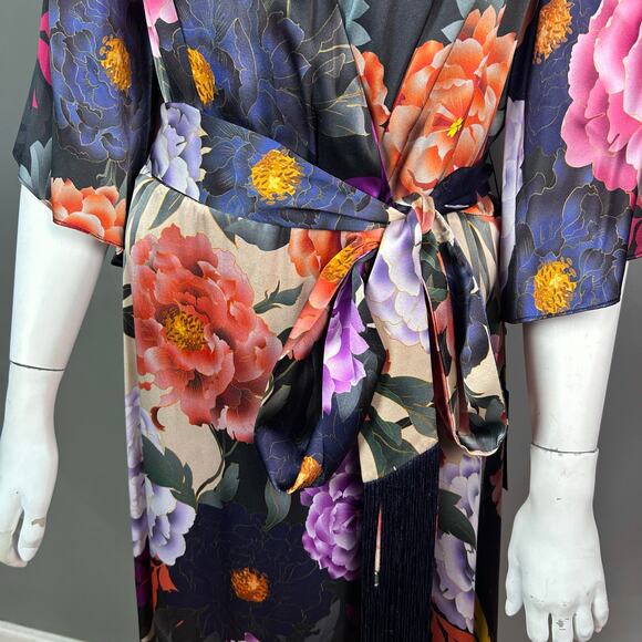 Kobi Halperin Wrap Dress XL Floral Silk-Blend Faux Kimono NWT Asian Fringe Boho - Picture 7 of 16
